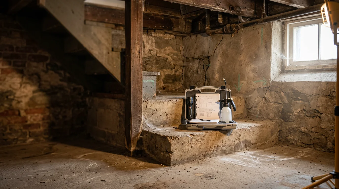 A pest control technician from Lighthouse Exterminators LLC inspecting a basement corner for spider webs and egg sacs in a Boston-area home. The technician examines a dark foundation wall where cellar spiders have built visible webs near a ground-level window.