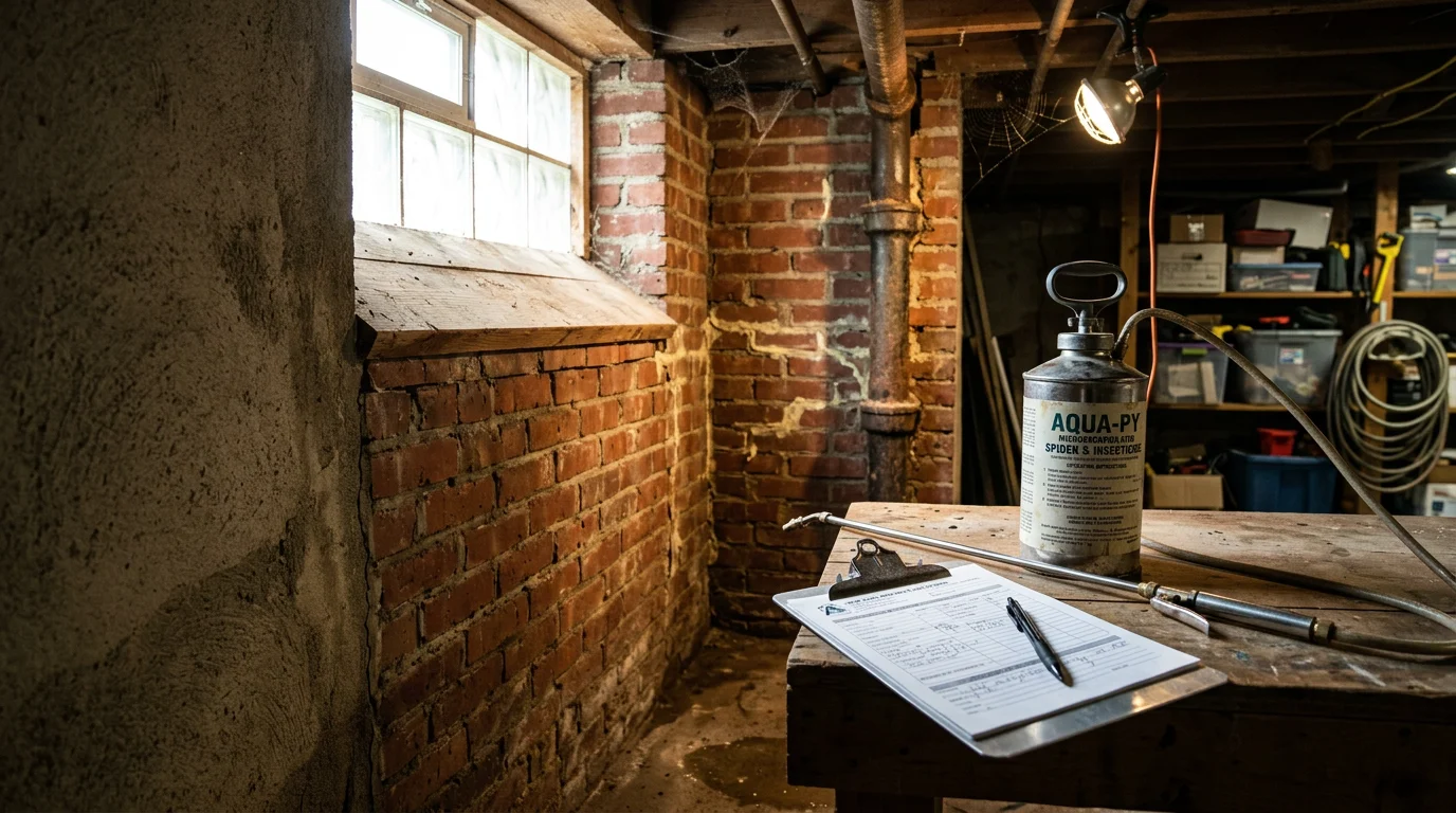 A pest control technician from Lighthouse Exterminators LLC inspecting a damp basement corner for spider webs and nesting activity in a Boston-area home. Spider webs are visible along the foundation wall near a utility pipe.