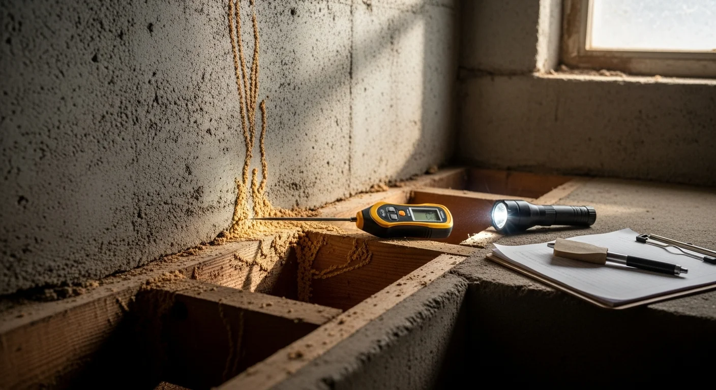A pest inspector from Lighthouse Exterminators LLC examining a wood floor joist in a Boston home basement for termite damage, with a visible mud tube along the concrete foundation wall nearby.