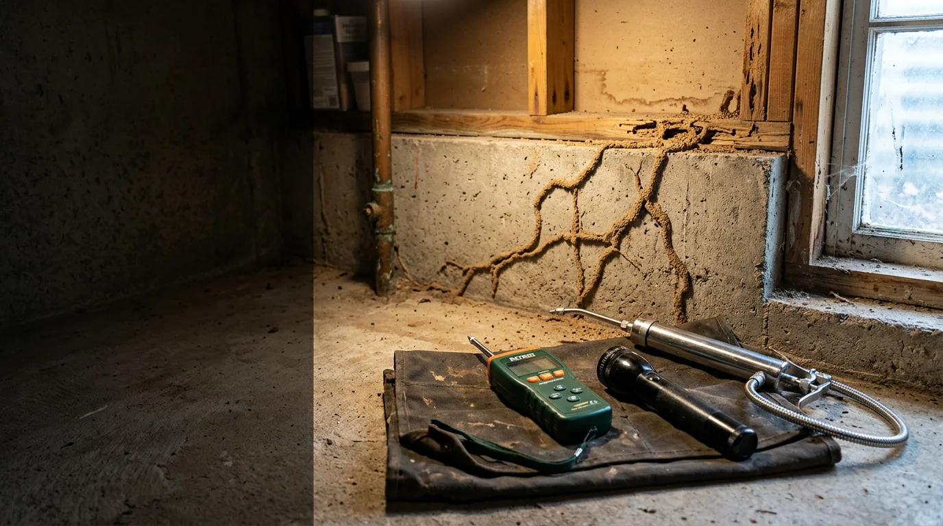 A pest control technician from Lighthouse Exterminators LLC inspecting a basement foundation wall in a Boston-area home for termite mud tubes and wood damage. Close-up view of a wood beam showing signs of termite feeding activity in a Greater Boston residential property.