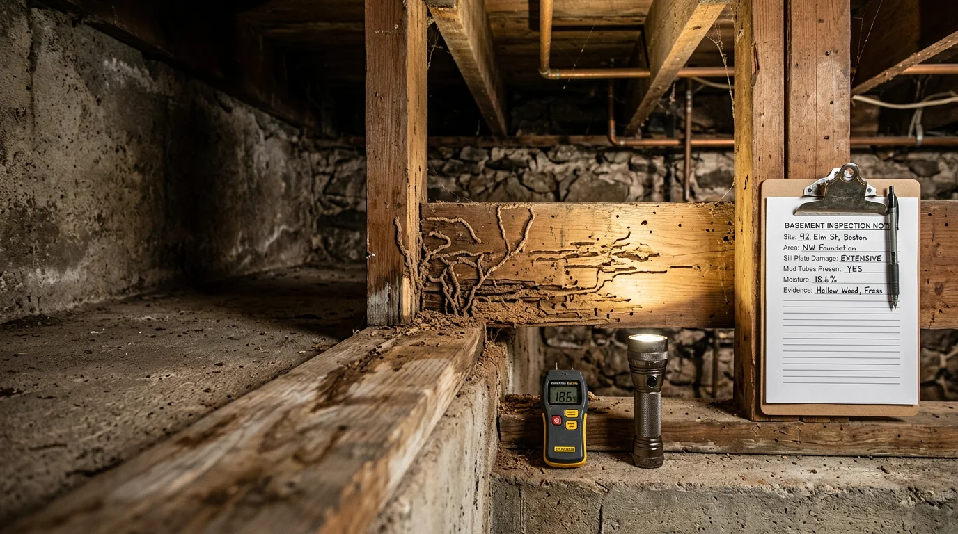 A pest control technician from Lighthouse Exterminators LLC inspecting the crawl space foundation of an older wood-framed home in Boston, Massachusetts, checking for mud tubes and termite damage along the sill plates.