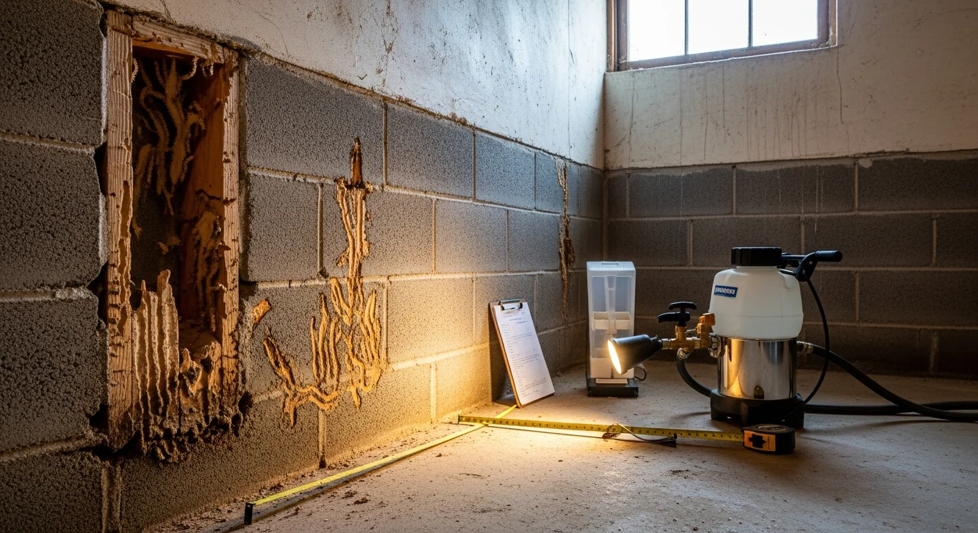 A pest control technician from Lighthouse Exterminators LLC inspecting a Boston home's foundation wall for mud tubes and termite activity. Close-up view of a concrete block foundation with visible soil contact points along the base of a residential structure.