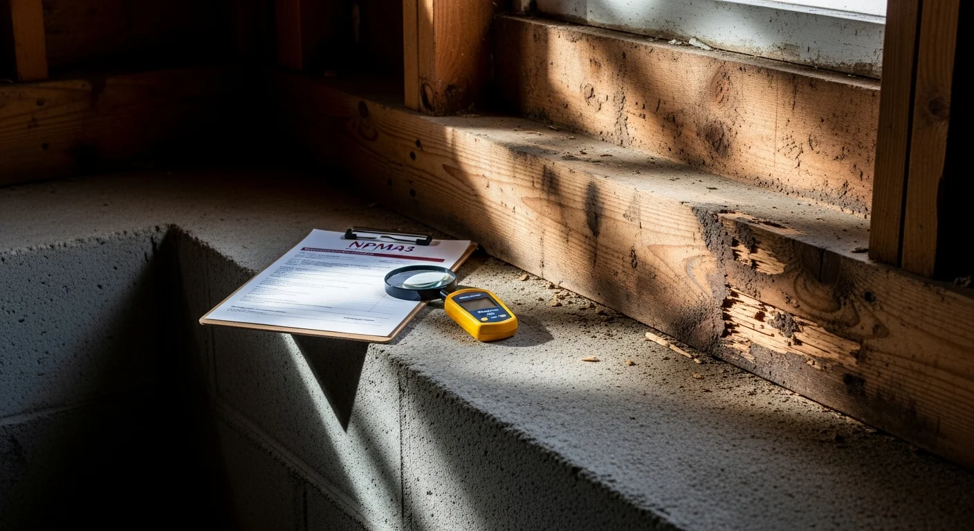 A licensed pest inspector examining the basement foundation of a wood-frame Boston home during a WDI Form 33 inspection. The inspector reviews exposed framing and wood-soil contact points for signs of termite or carpenter ant activity.