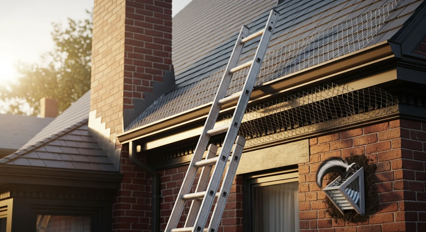 A wildlife removal technician inspecting a roofline entry point on a Boston residential property. Close-up view of a sealed soffit gap where a squirrel had been entering the attic.