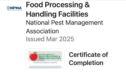 Food Processing & Handling Facilities - National Pest Management Association Certificate of Completion, Issued Mar 2025
